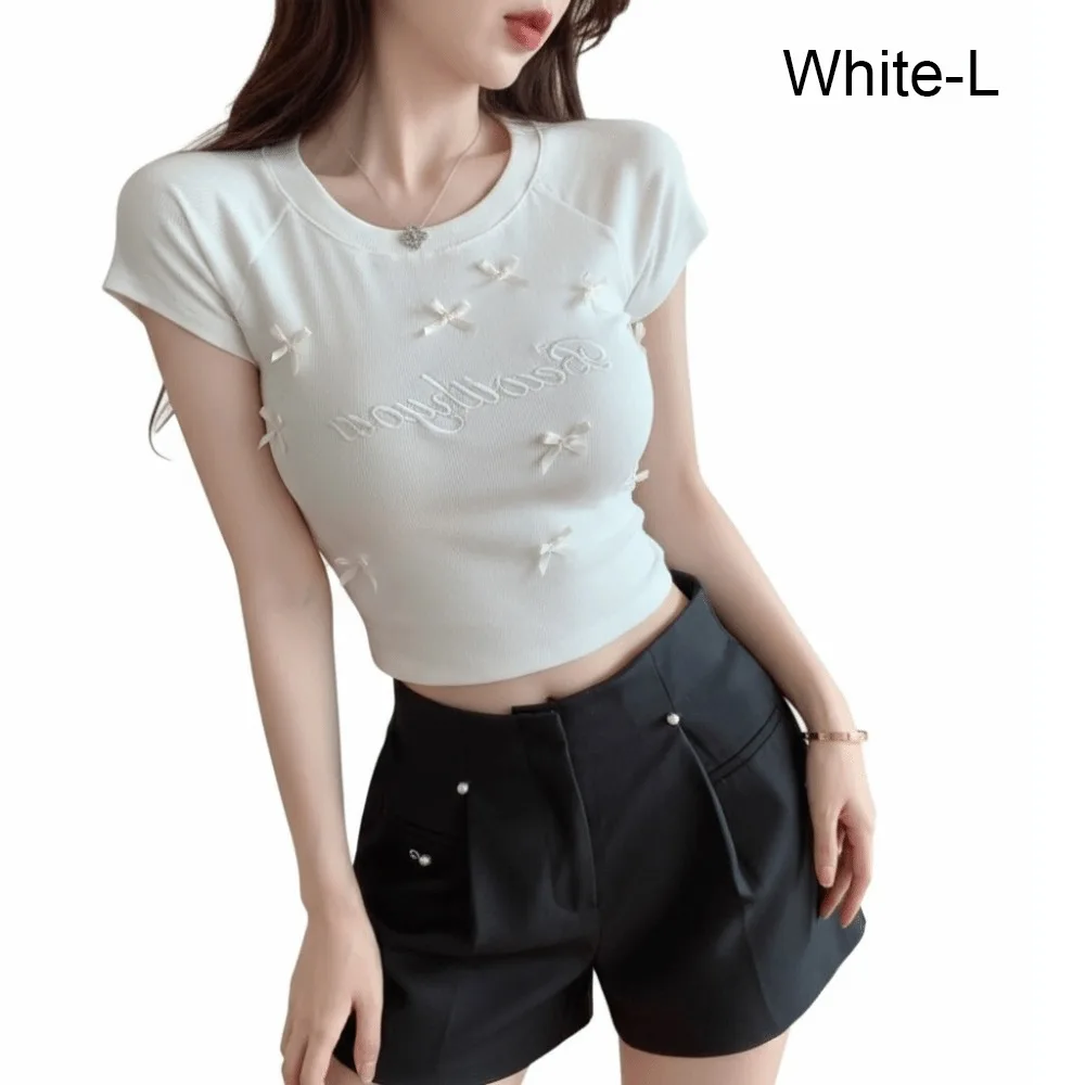 

Elegant Slimming Bowknot T Shirts Short Sleeve Round Collar Ribbon Crop Tank Top Solid Color Fitted Tops Women Girl