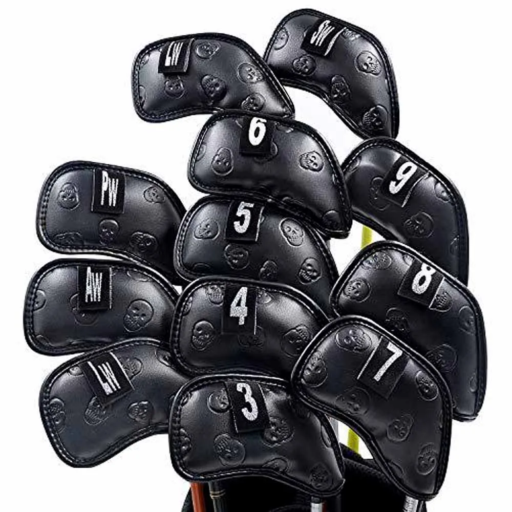 12pcs/set skull Golf Iron Headcover 3-9 Pw Aw Sw Lw Lw Club Head Cover Printing Number Case Golf Training Equipment Accessories