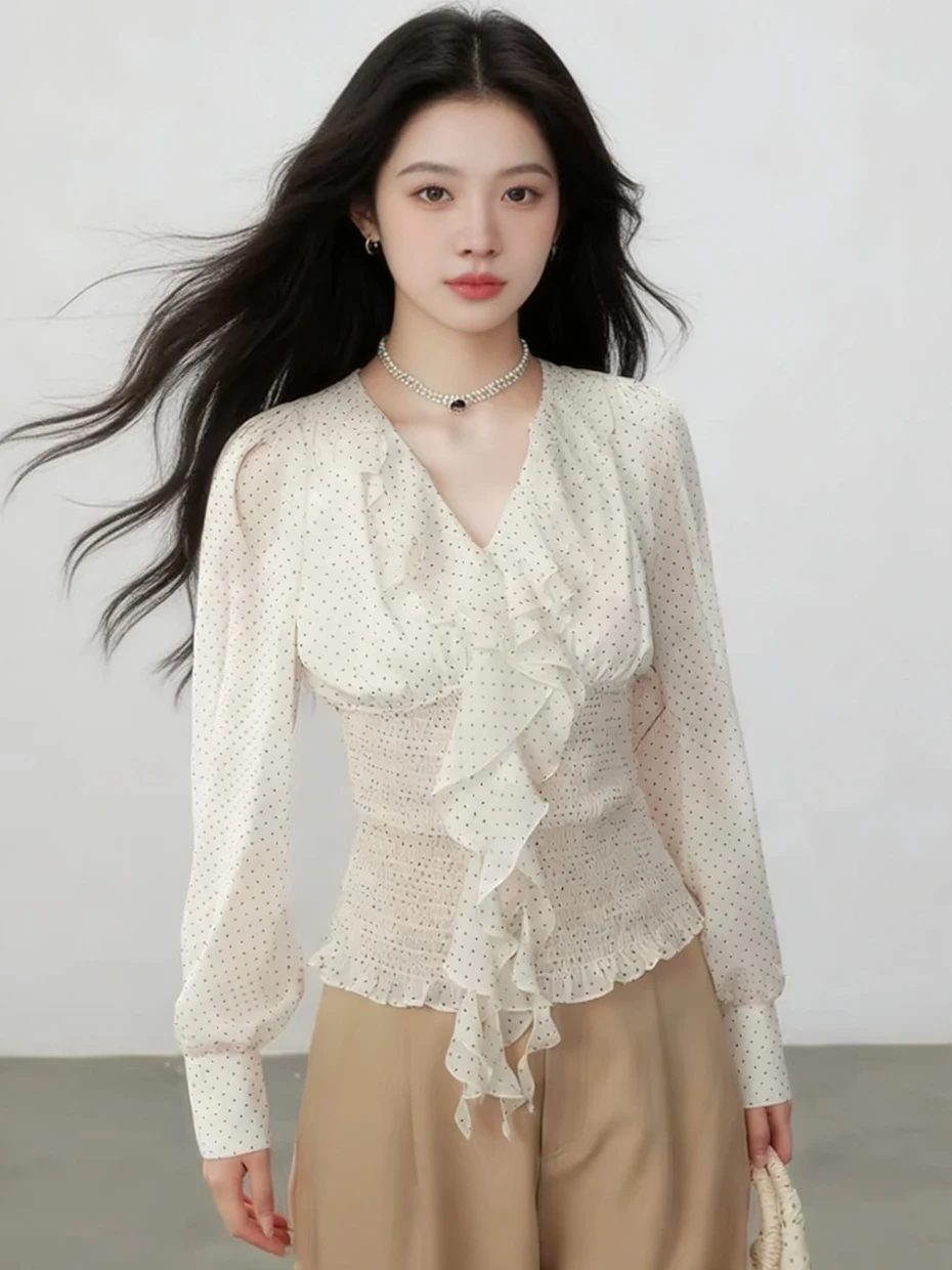 

Elegant Polka Dot Long Sleeve Chiffon Blouse V Neck Tie Waist Slim Fit Design Early Spring Fashionable Women's Top