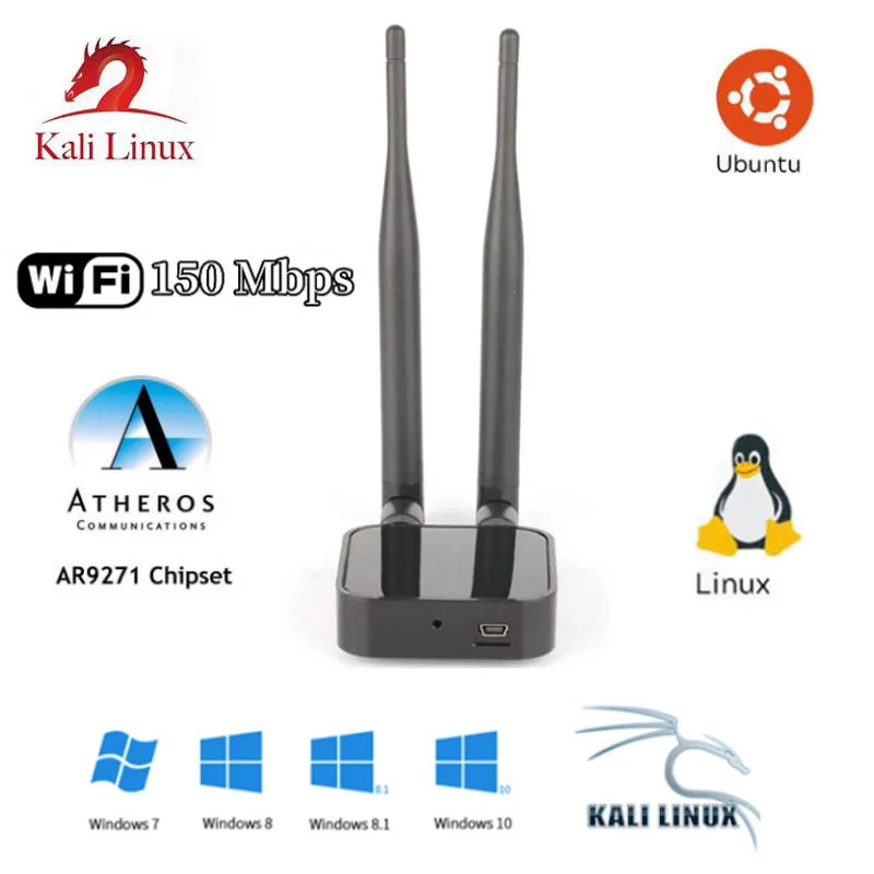 

Чипсет Atheros AR9271, 150 Мбит/с, беспроводной USB Wi-Fi адаптер 802.11n, сетевая карта с 2 антеннами для Windows/8/10/Kali Linux