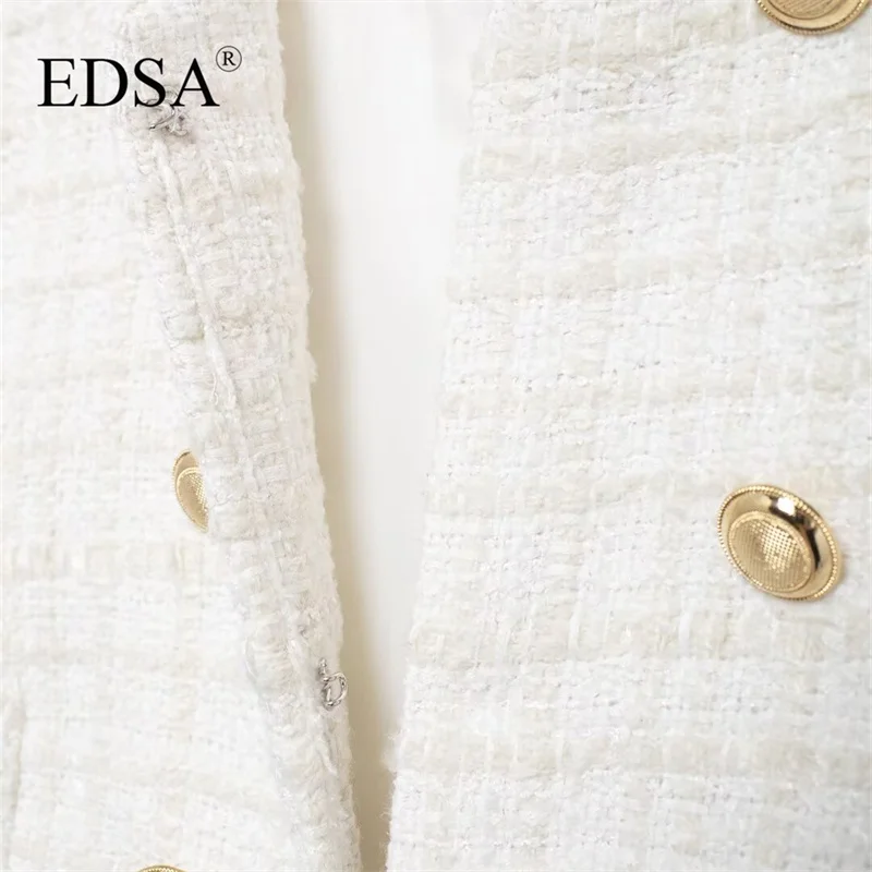 EDSA Women White Textured Waistcoat for Office Lady Long Tweed Sleeves Round Neck Gold-tone Buttons Vest Outerwear