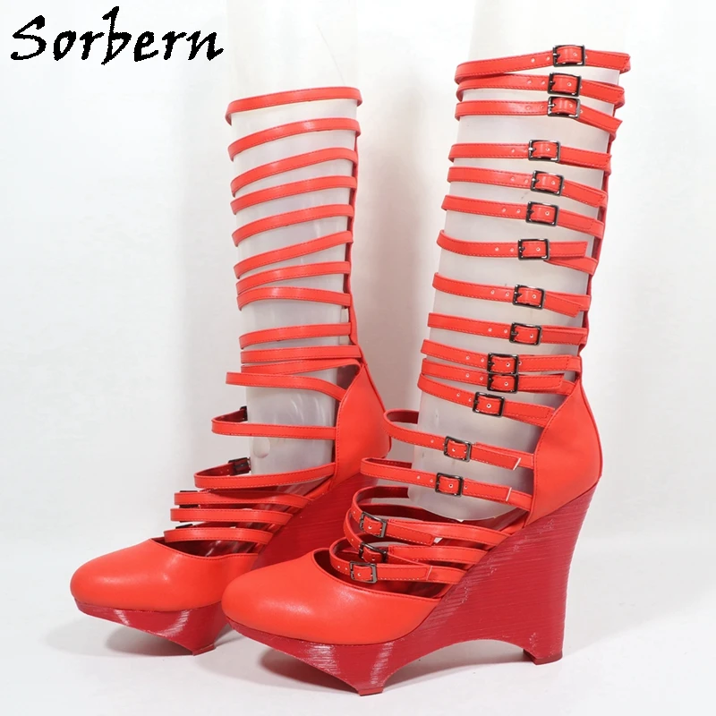 

Красные ботинки Sorbern на высоком каблуке-танкетке для лета, в стиле гладиатор, с множеством пряжек, на платформе, с волнистым каблуком, индивидуальный цвет