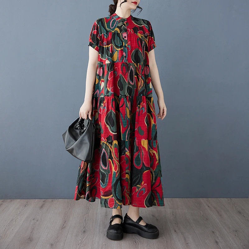 2025 verão novo feminino manga curta solto vestido de grandes dimensões algodão moda praia férias impresso longo balanço vestido a396