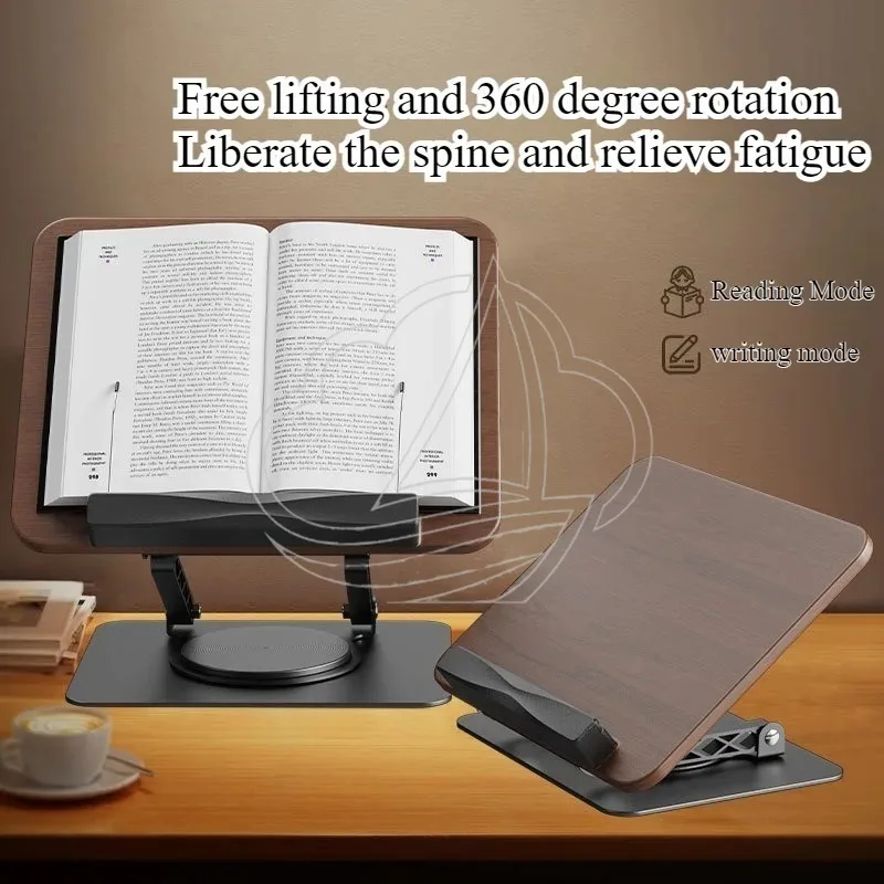 Rotating Wood Grain Reading Stand Multifunctional Lifting Book Holder for Laptop