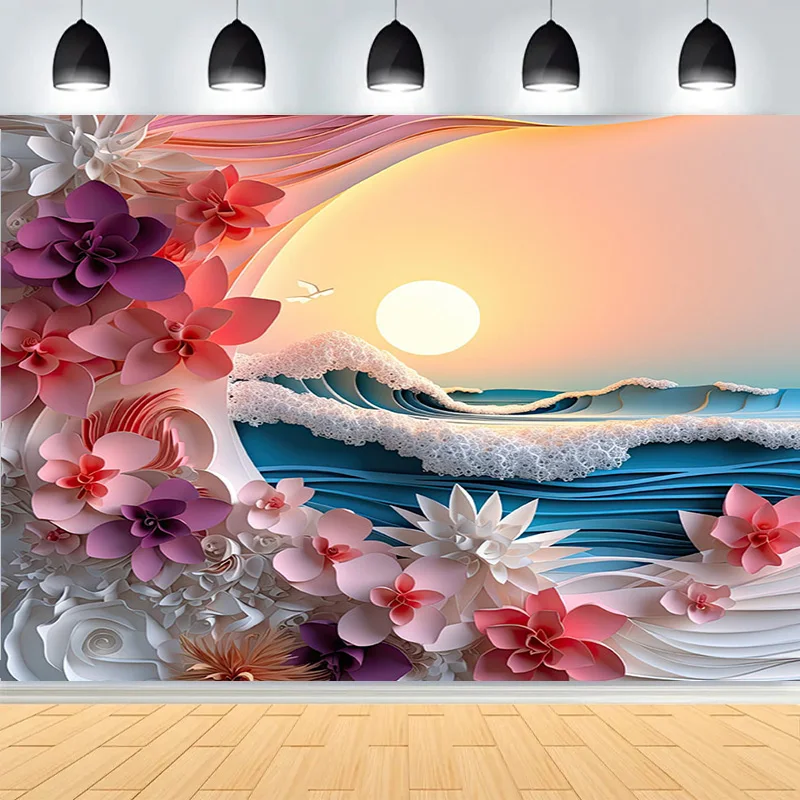 Blue Sea Waves Beach Coastline Photography Background  Sea  Breeze Sunset Glow Seagulls Sunlight Studio Backdrops DW-24