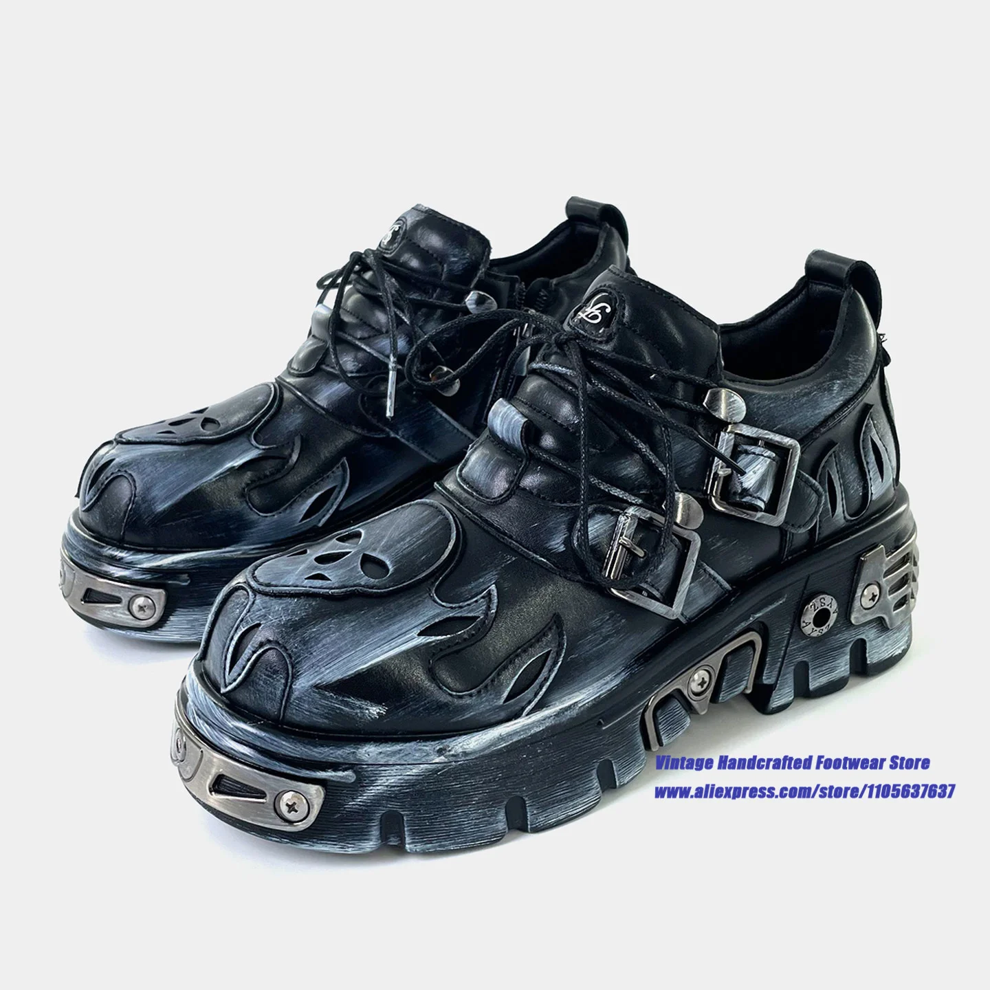 Gothic Punk Skull Flame Platform Shoes Metal Buckle Rivet Lace Up Chunky Casual Shoes Trendy Height Increasing Men's Shoes