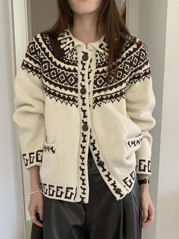 

Korean Sle Long Sve Knitted Sweater Women's Vintage Fair Isle Collar Single Button Color Blo Knitwear Jaet