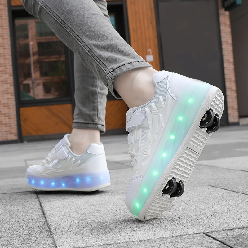 Children's charging four-wheel walking shoes Girls 2024 new two-wheel skates with lights LED light-emitting shoes roller skates