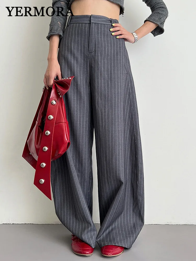 

YERMORA High Waist Gray Striped Vintage Wide Leg Pants For Women Loose Fit New Trousers Fashion Tide Spring Autumn 2025