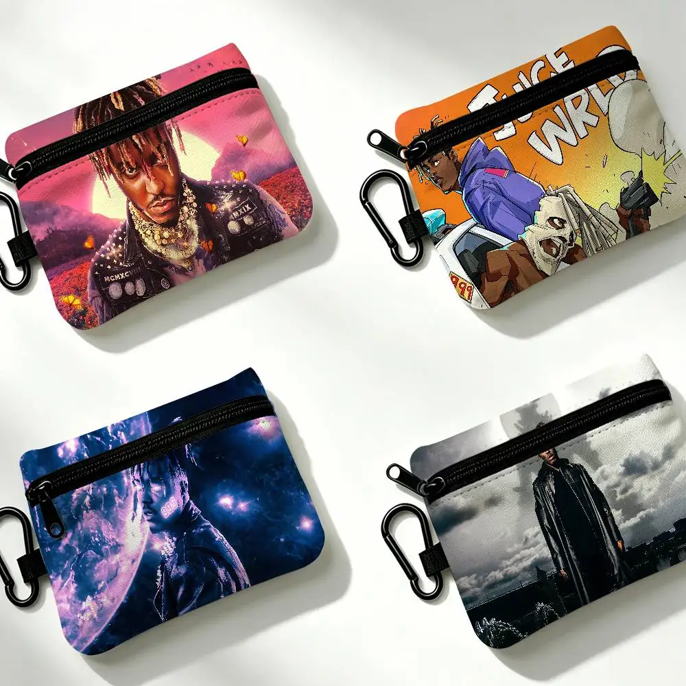 American rapper J-Juice WRLD Mini Oxford Cloth Coin Purse With Carabiner Hook Portable Key Card Wallet Storage Pouch