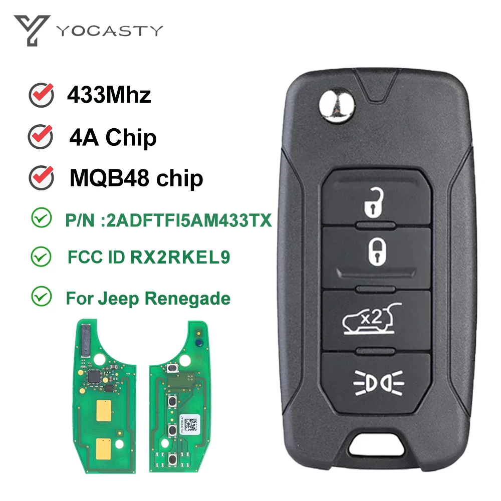 YOCASTY  Keyless Remote Flip Key 433.92MHz 4A /48Chip SIP22 Blade For 2016 2017 2018 Jeep Renegade RX2RKEL9 2ADFTFI5AM433TX