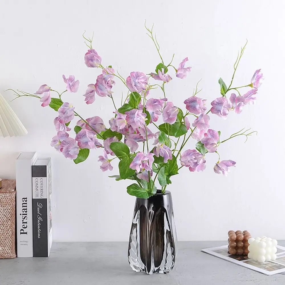 

Green Plant 55cm Artificial Pea Flowers Elegant Plastic Silk Pea Blossom Branch Handmade Real Touch Fake Flower Home Living Room
