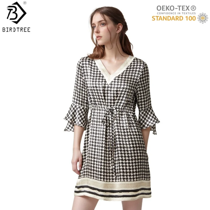 

Birdtree,OEKO-TEX,19MM 100% Real Silk Sleep Nightgown,V-neck,Women's Houndstooth Pajama Homewear Casual Dress,2026 New D61209JF