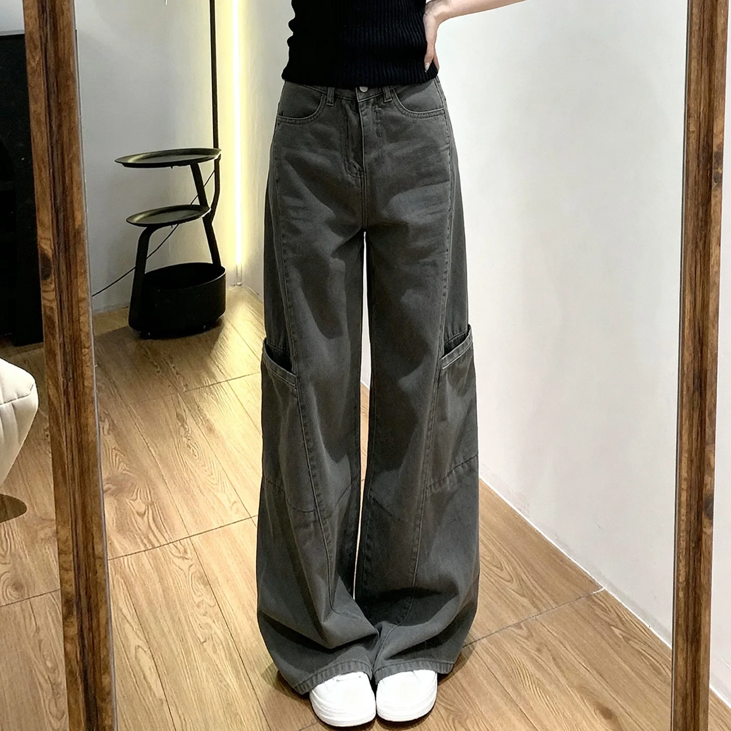 Gray American-Style Wide-Leg Cargo Women, Spring 2026 New Model, Suitable For Petite Figures, Casual, Comfortable, Loose,