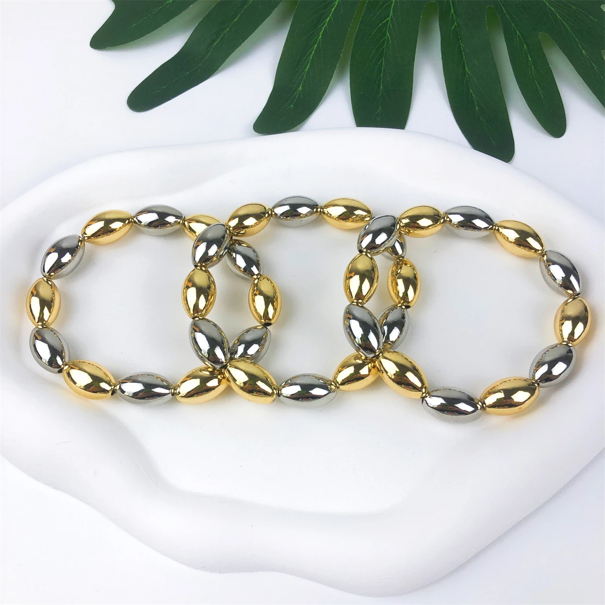 

TITI Hot Selling Stretch Stainless Steel Bracelets Gold Sliver Mixed Color Beaded Bracelet For Women Men Jewelry