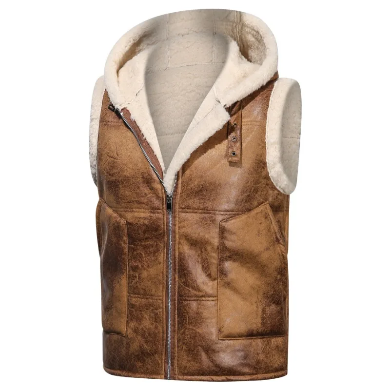 

New Men's Winter Leather and Fur Vest Casual Hooded Warm Jacket Lambswool Waistcoat Jacket