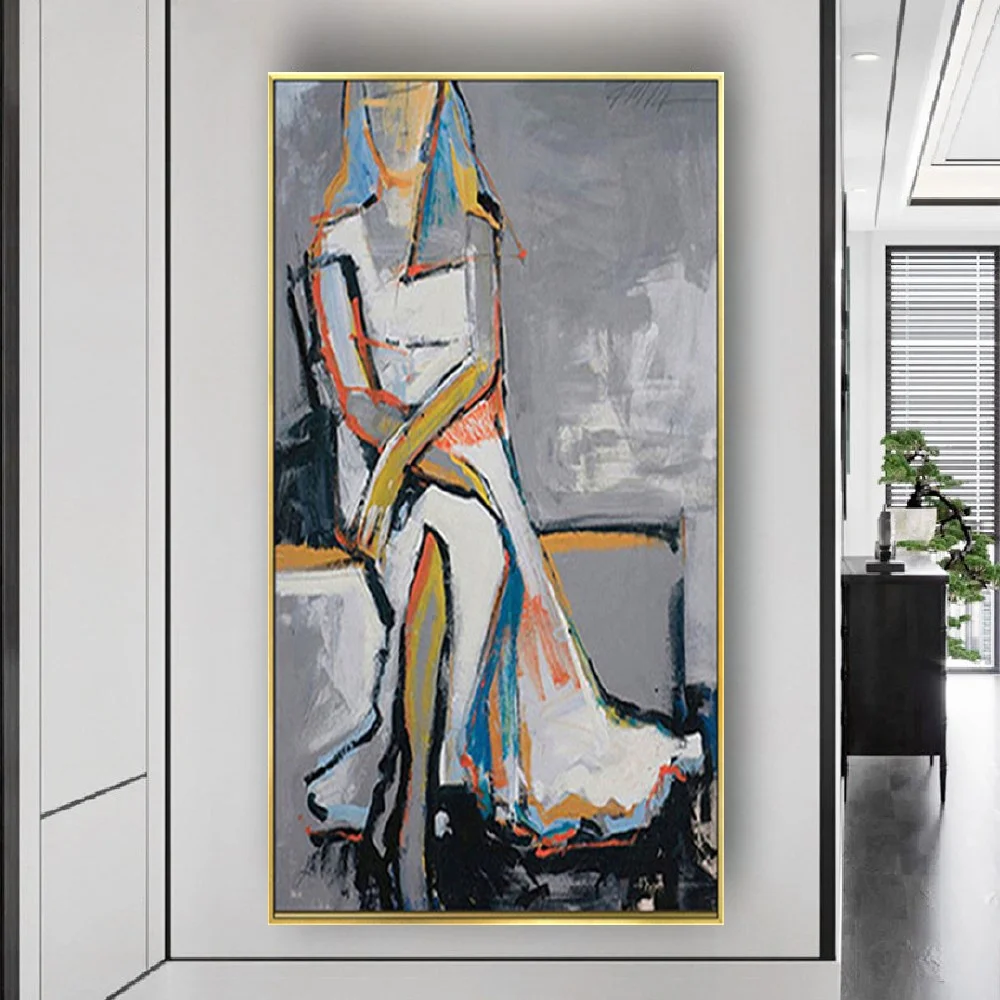 

Image Of Lady Sitting Elegantly Handmade Figure Oil Painting Decor Wall Art Pictures For Living Room Woman Model Grey Paintings