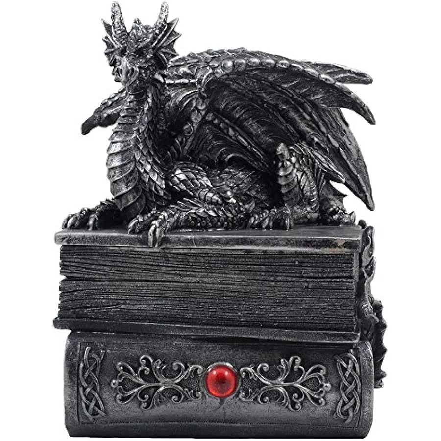 Mythical Guardian Dragon Trinket Box Statue with Hidden Book Storage Compartment for Decorative Gothic and Medieval Décor and F