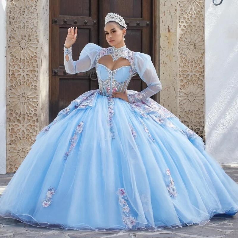 

Customized Sky Blue Shiny Quinceanera Dresses Ball Gown Off Shoulder Appliques Beads Crystal Tull Sweet 16 Dress Vestidos 15 De