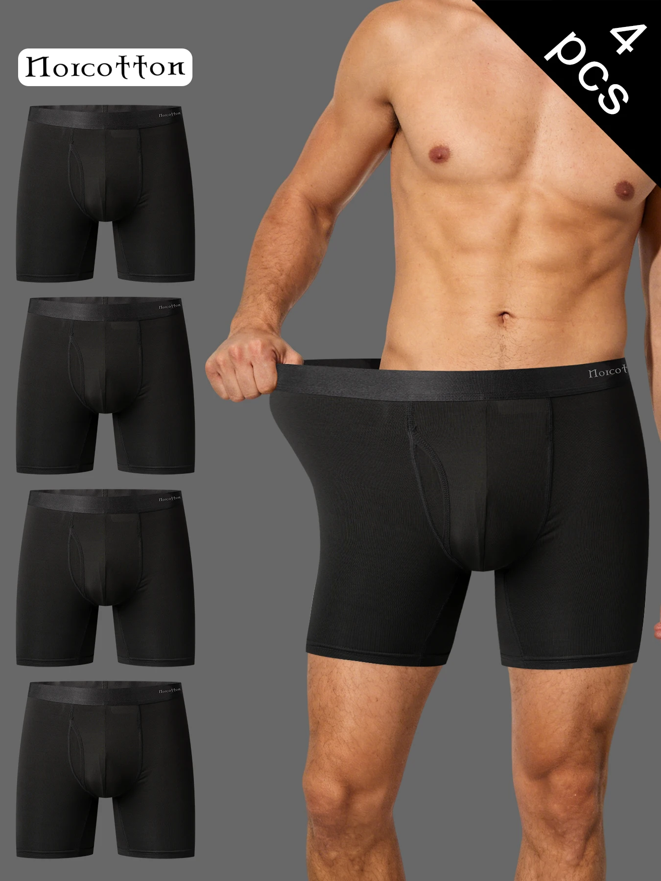 NORCOTTON 4-piece set of men's solid color extended boxer briefs, made of soft and skin-friendly blended fabric, with side openings at the front crotch, extended leg design to prevent thigh chafing, suitable for both h