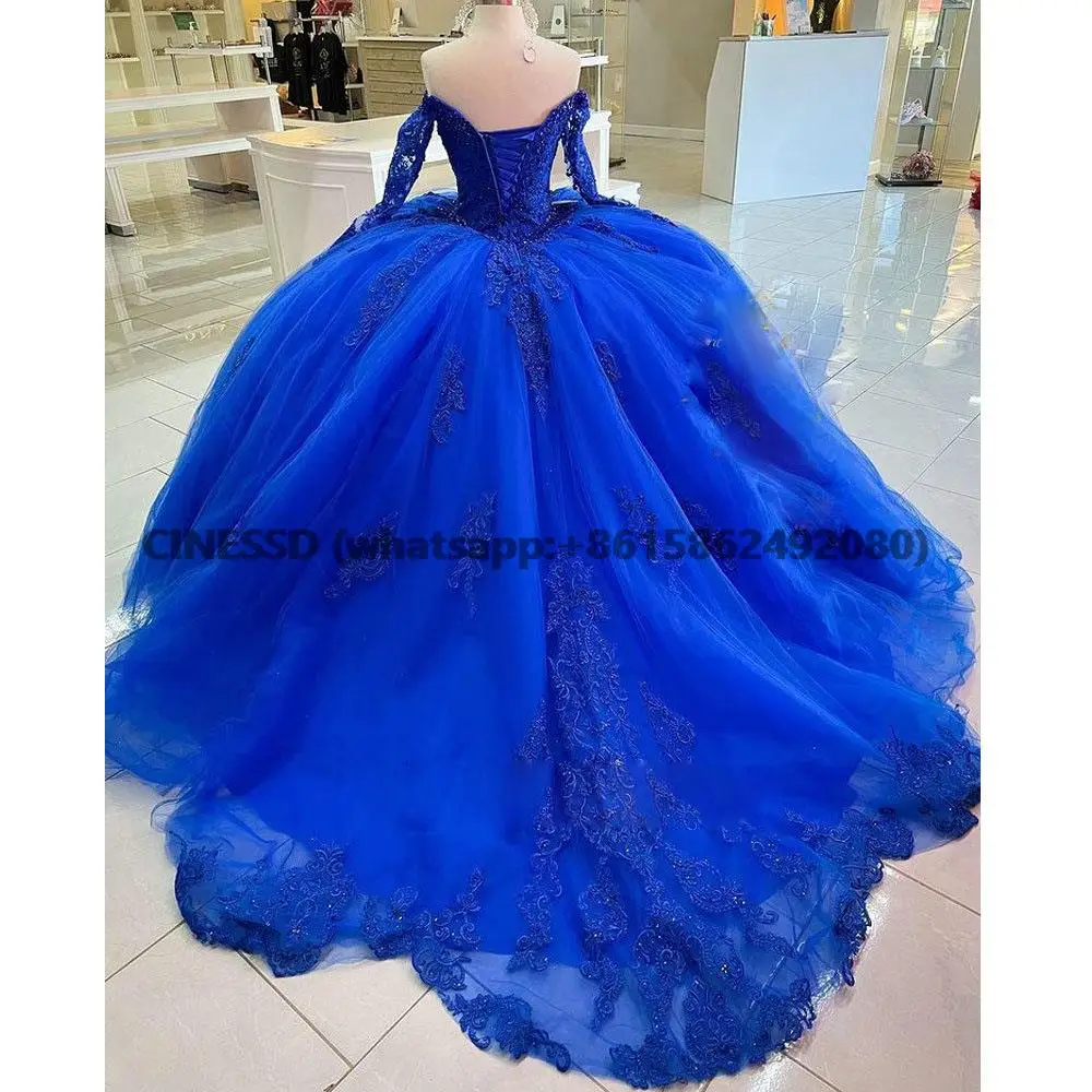 Royal Blue Off The Shoulder Quinceanera Dresses Ball Gown Long Sleeve Beading Crystal Appliques Corset For Sweet 15 Girls Party