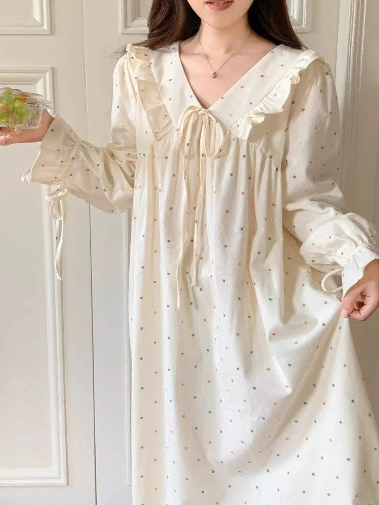 New Korean Long Sleeved Sleeping Skirt for Women Cute with Ruffled Edges Polka Dots Loose Medium To Long Length Home Clothes