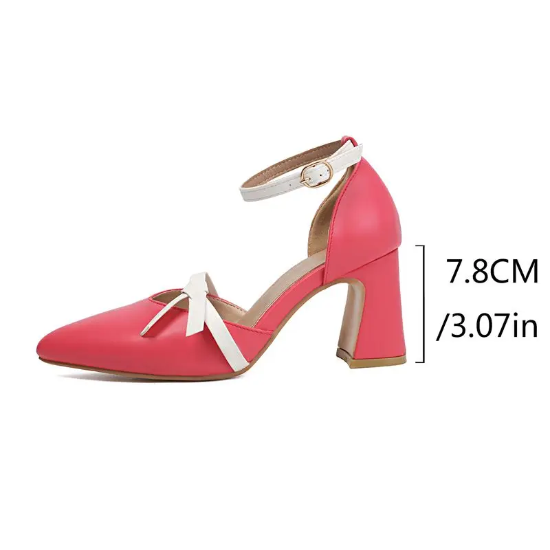 REAVE CAT Blue Women Sandals Pointed Toe Buckle Strap 7.8cm Block Heels Mixed Color Bowknot Big Size 46 47 48 Sweet Dating Shoes