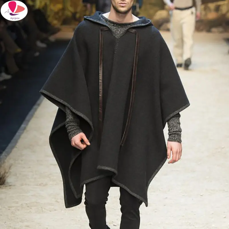 2024 New Fashion Men Cloak Coats Cape Woollen Hooded Jackets Solid Color Streetwear Autumn Winter Poncho Irregular Overcoat