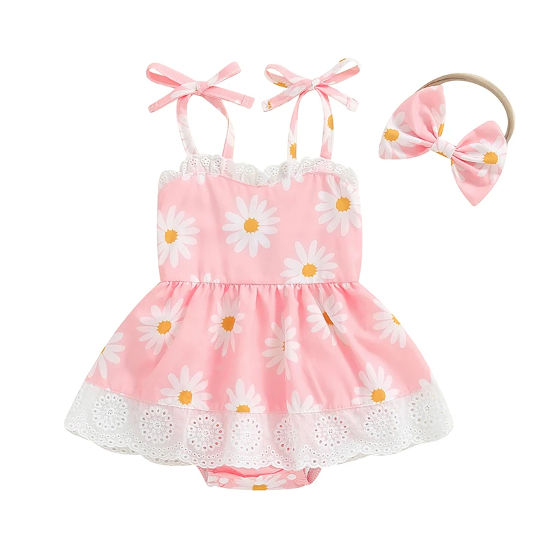 

2-Piece Baby Girls Daisy Set Lace Hollow Eyelet Trim Lacing Dress Romper Bow Headband Adorable Outfits