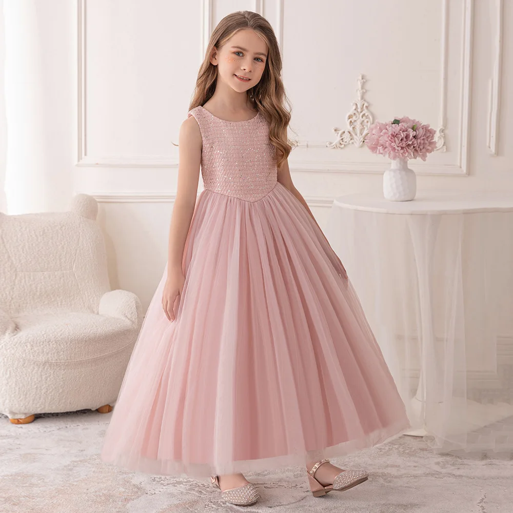 

Платье подружки невесты с цветочным узором для девочек, розовое длинное платье принцессы с пайетками, детское платье для свадебной вечеринки, дня рождения, детское бальное платье без рукавов