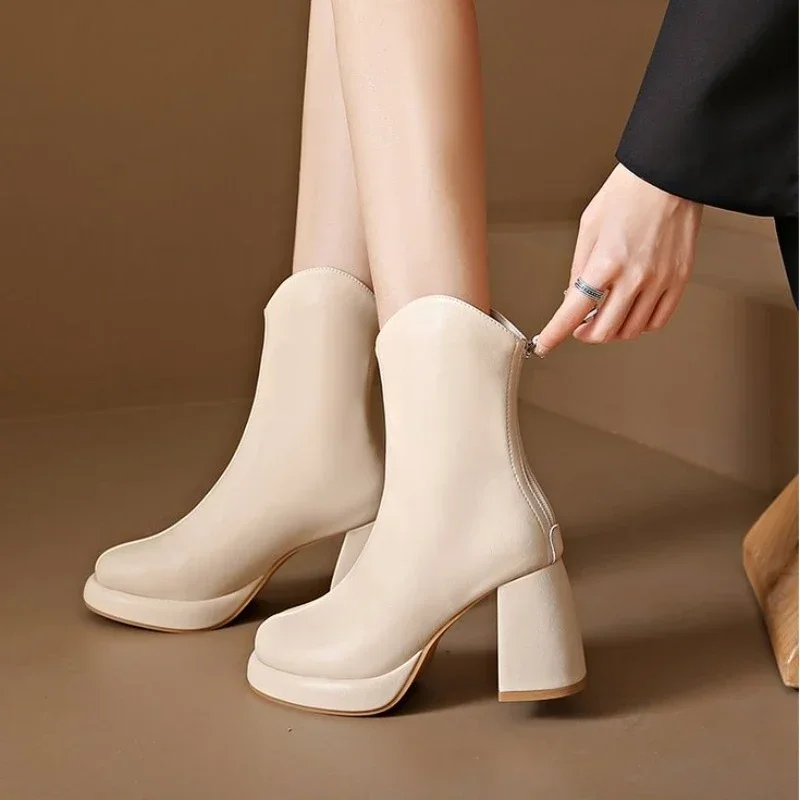 New 2024 Autumn Winter Women Boots Shoes Cow Patent Leather High Heels Platform Black Beige Shoes Woman Dress Party Office Boots