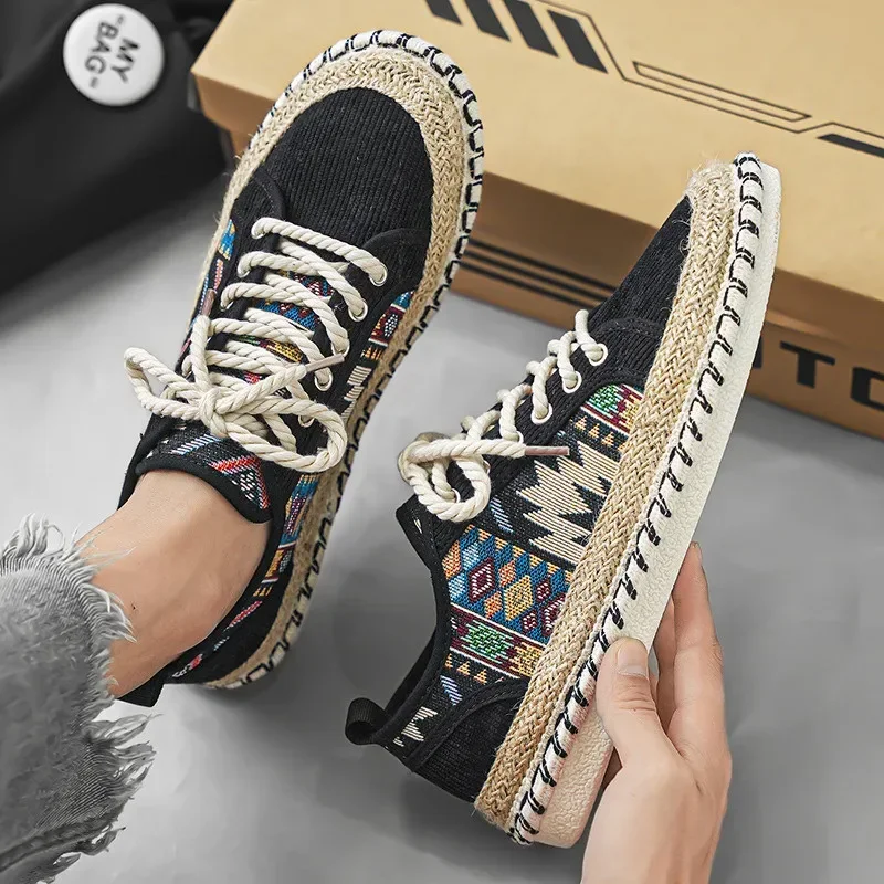 Ethnic Style Men's Canvas Shoes Summer Breathable Fisherman Shoes Man Comfy Flat Casual Shoes For Men Espadrilles zapatos hombre