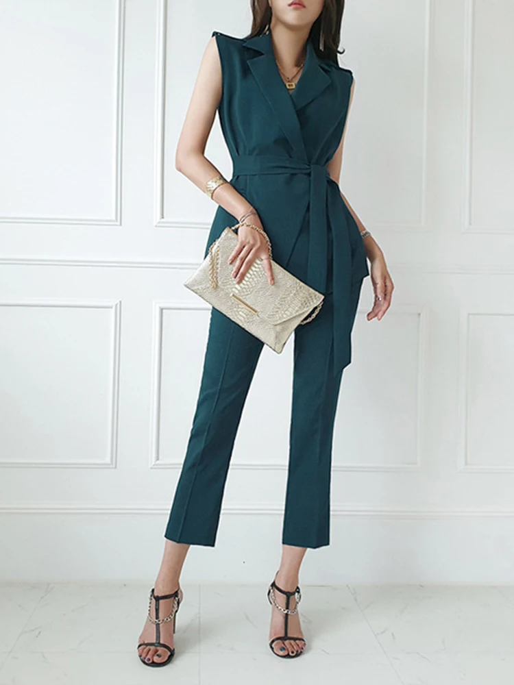 

Summer 2 Pieces Outfits Suits Women Professional Formal Solid Sleeveless Belt Tops Coat Blazer Suit Long Pants Trousers Slim Set