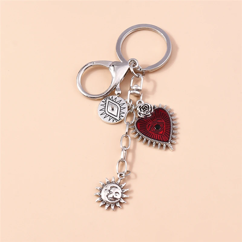 Gothic Red Love Hearts Keychain Steampunk Metal Sun Eye Key Ring Pendant for Car keyholder Handbag Accessories DIY Jewelry Gift