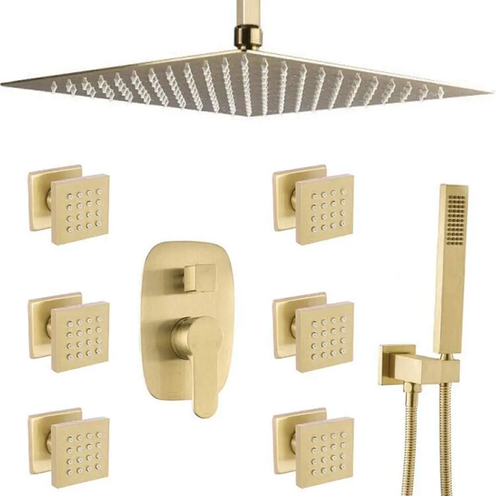 

Modern Bathroom Body Brass Brushed Gold 12 Inch Ceiling Rainfall Shower System Body Jet Mixer Set