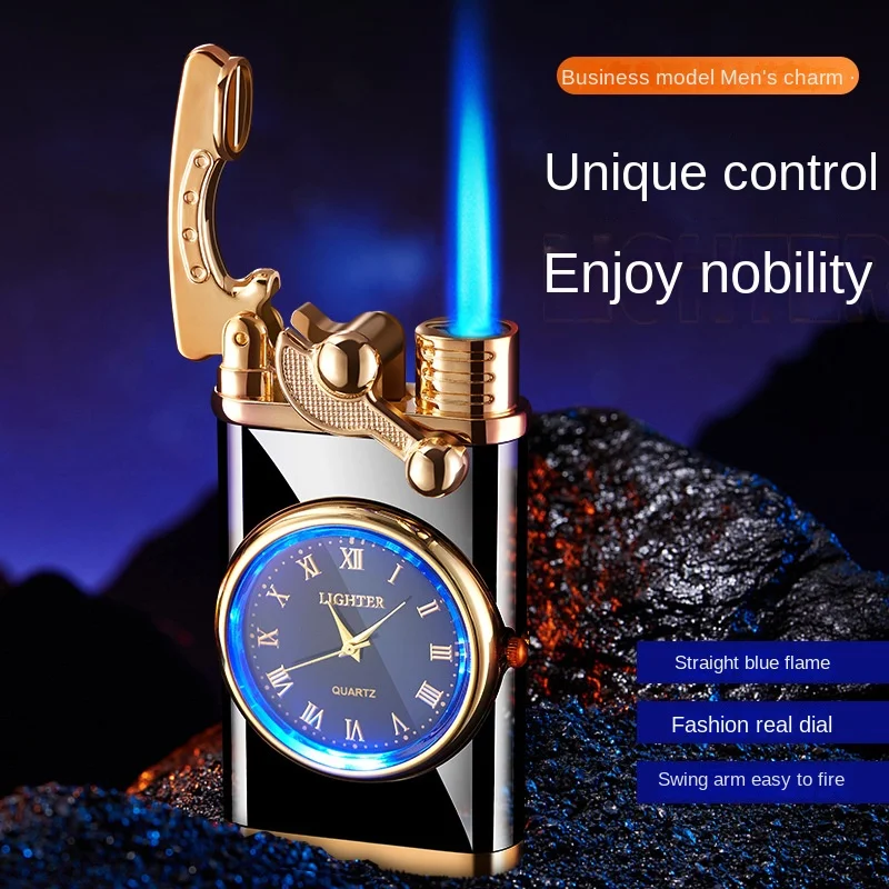 Rocker Arm Watch Metal Unusual Gas Lighters Jet Butane Torch Lighter Windproof Cigarette Cigar Lighter Gadgets for Men Wlth  Box