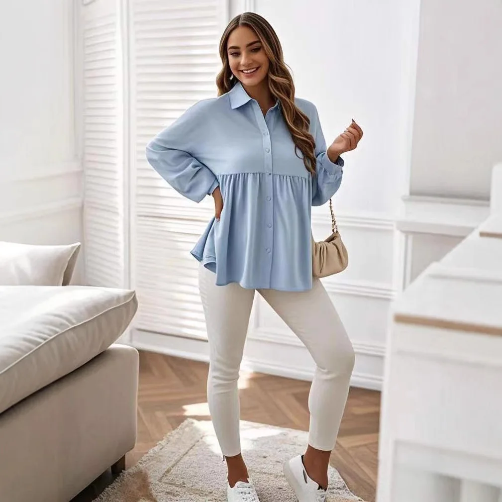 Maternity Clothes Dress for Pregnant Women Clothing Dresses Photoshoot Spring Fashion Shirt Long Sleeve Lapel Ruffled Blouse