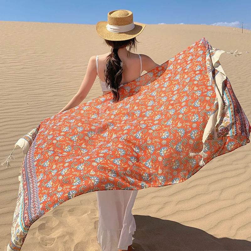 Holiday Sunscreen Ethnic Print Scarf For Women Long Wraps Shawls OverSize Brazilian Swimsuit Bathing Cover-ups Towel Beach Wear