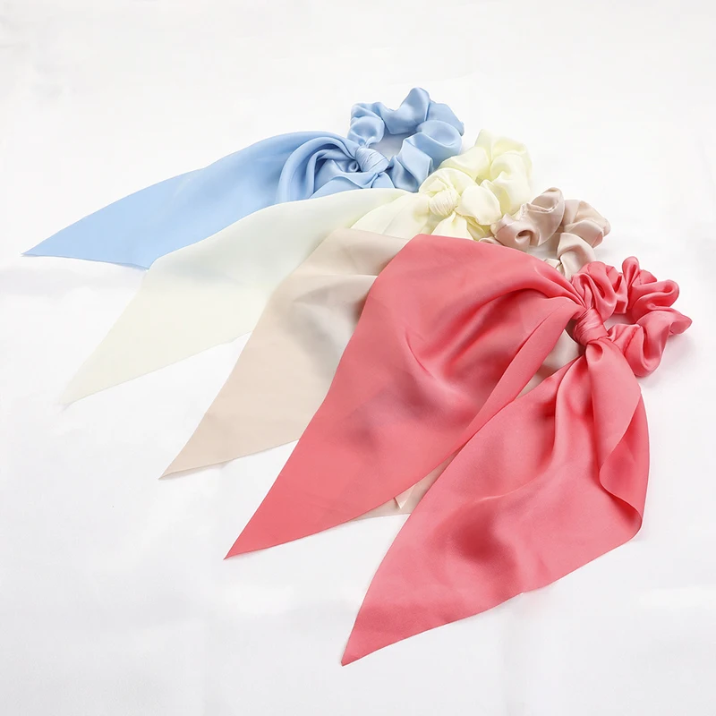 1Pc Solid BowKnot Hair Ties Scrunchies Women Girls Elastic Hair Bands Long Headwear Ribbon Bow Ponytail Hair Accessories Braids