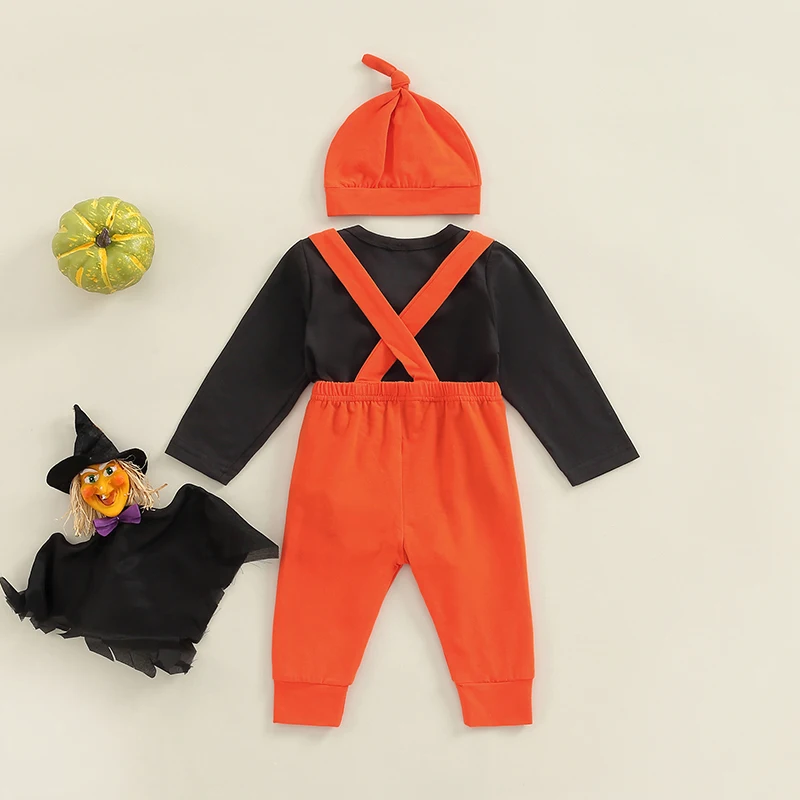 

Spooky Halloween Toddler Boys Outfit Pumpkin Patch Romper with Bat Print Overalls and Matching Hat for a Boo-tiful Look