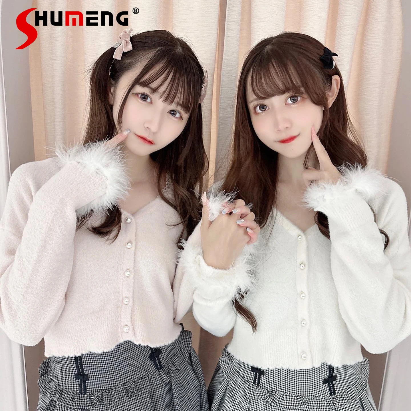 

Japanese Style Cute Mine Mass-Produced Knitted Cardigan 2023 Autumn Sweet Girl Long Sleeve Fur Cuff Sweater Cardigans Pull Femme