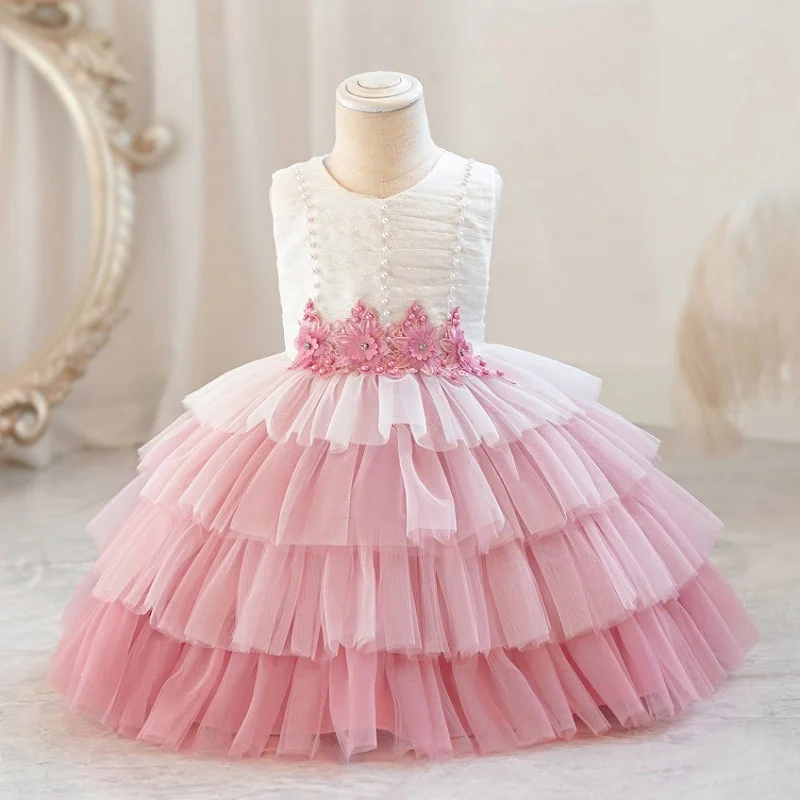 Baby Dress 0-4 Year Old Girl Flower Pearl Princess Dress Fashion Gradual Cake Dress Carnival Host Birthday Performance Dress