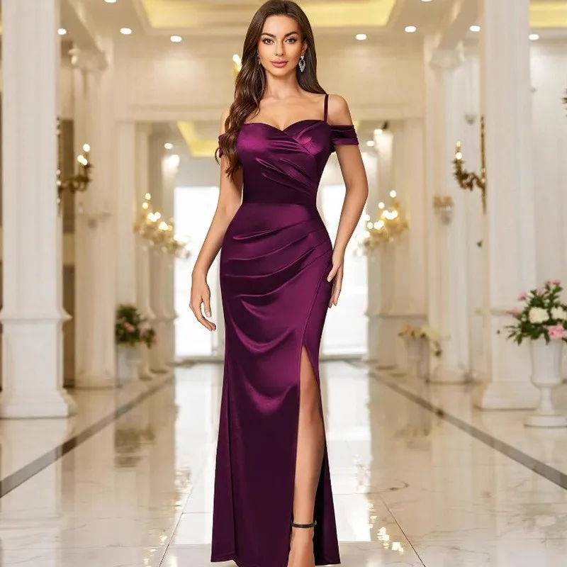 Women's Sleeveless Off Shoulder Satin Dress with High Slit and Waist Cinched for Wedding Guest Summer Party Elegant Prom
