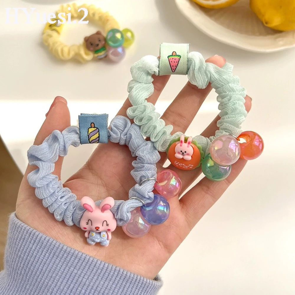 Kawaii Bear Rabbit Flower Beaded Hair Ties Elastic Cartoon Ponytail Holders Rubber Bands Hair Ropes For Baby Girls Toddler