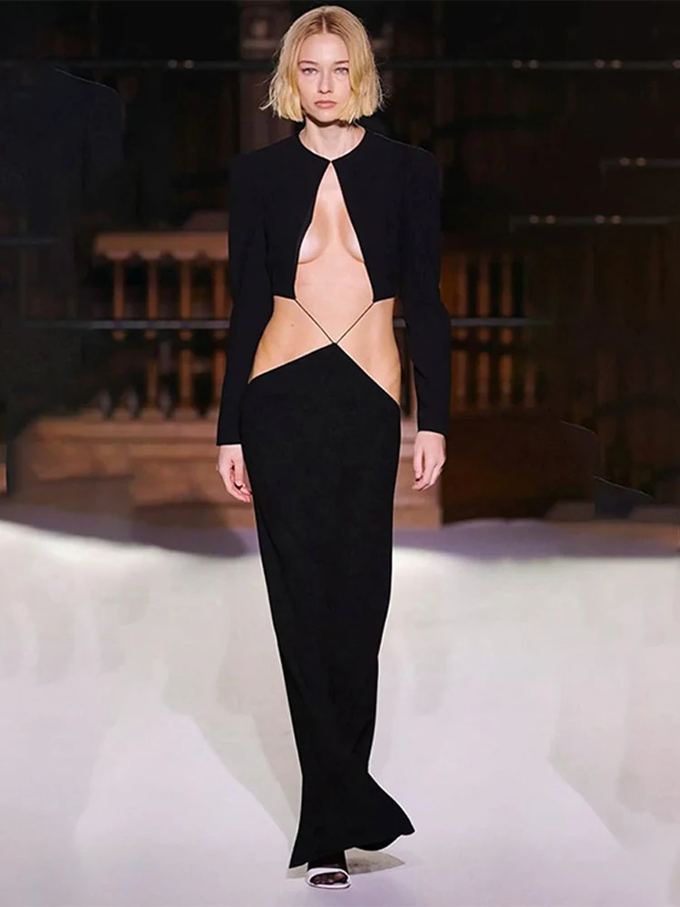 فساتين نسائية مثيرة مفرغة أنيقة مقصوصة بأكمام طويلة بدون ظهر فستان ماكسي نسائي نحيف 2025 رداء نسائي جديد للحفلات المسائية