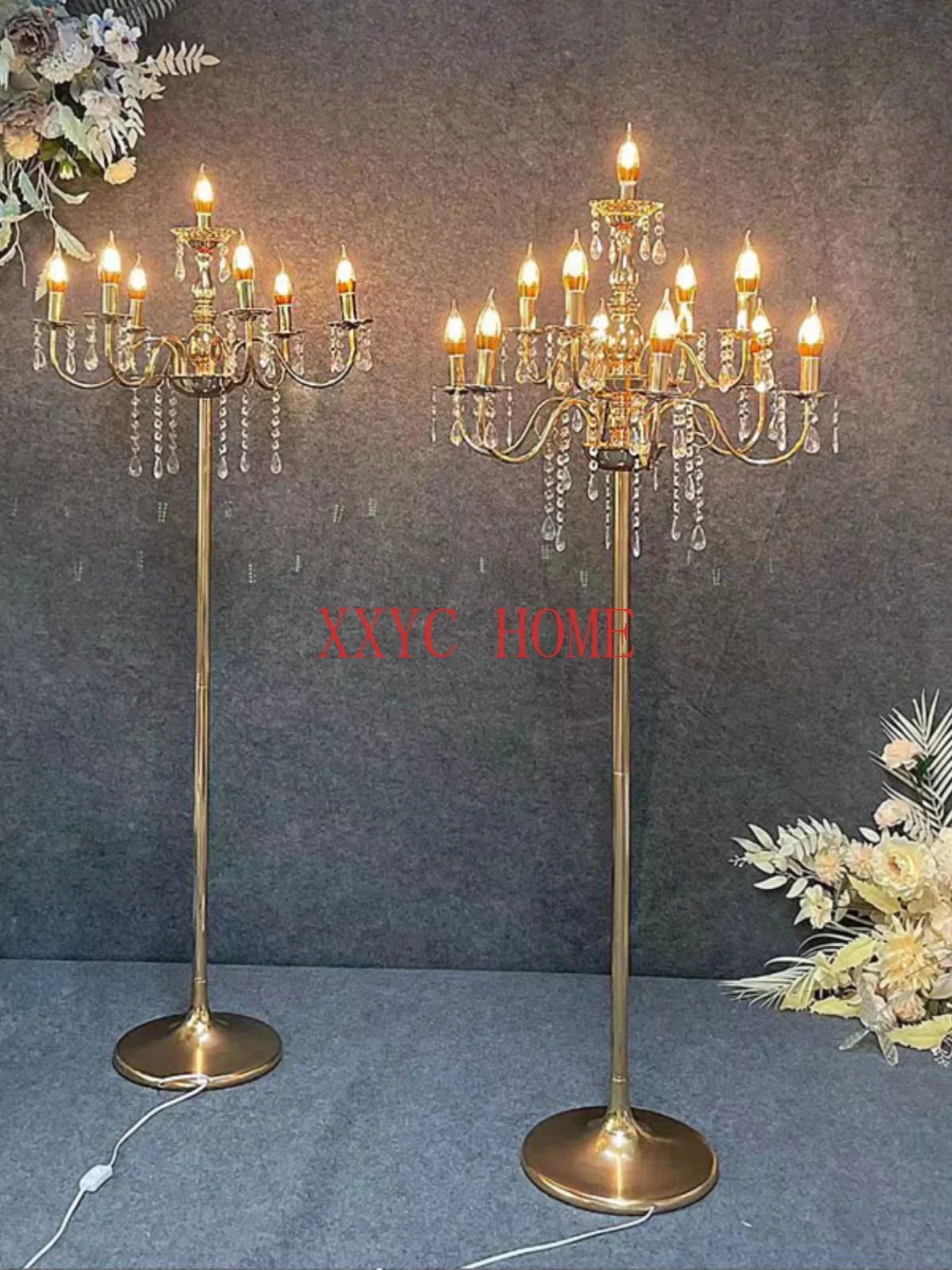 

Stage Layout Wrought Iron Plating Golden Multi-Head Crystal Road Lead Lamp Vertical T-Stage Decorative Lamp