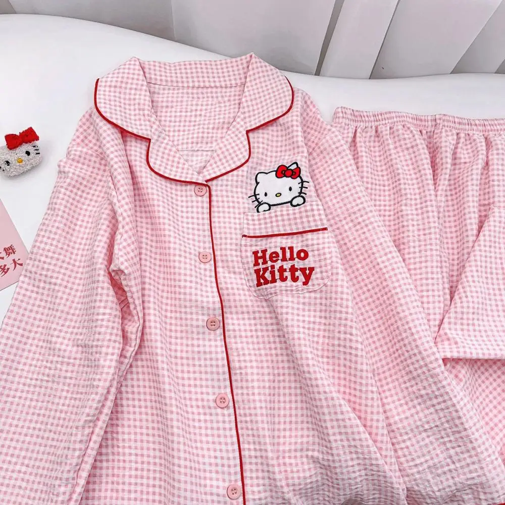 Anime Sanrios Hello Kitty Pajamas Suit Cartoon Long Sleeves Tops Pants Homewear Spring Cute Soft Grils Student Casual Nightwear