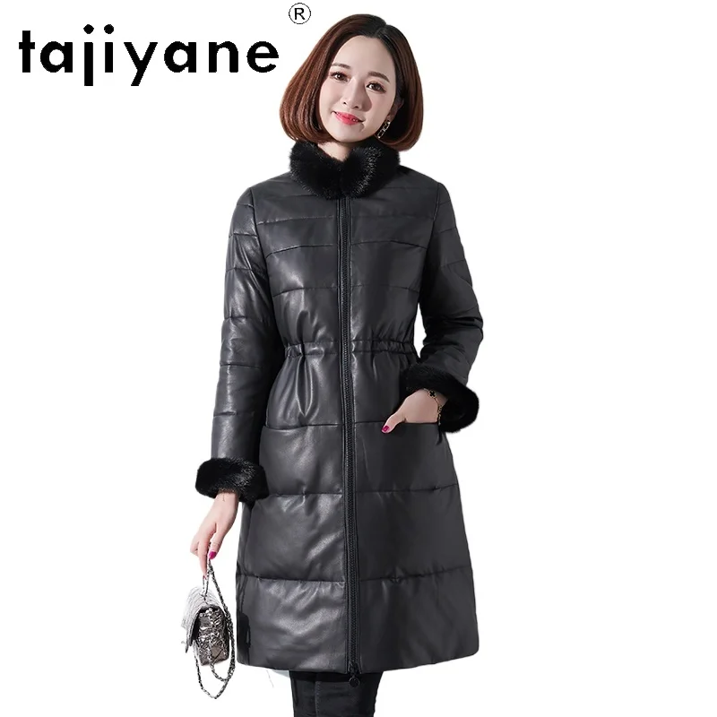 TAJIYANE Piumino in pelle di pecora naturale al 100% Donna Piumino nero in vera pelle con collo in pelliccia di visone 2025 Abiti invernali