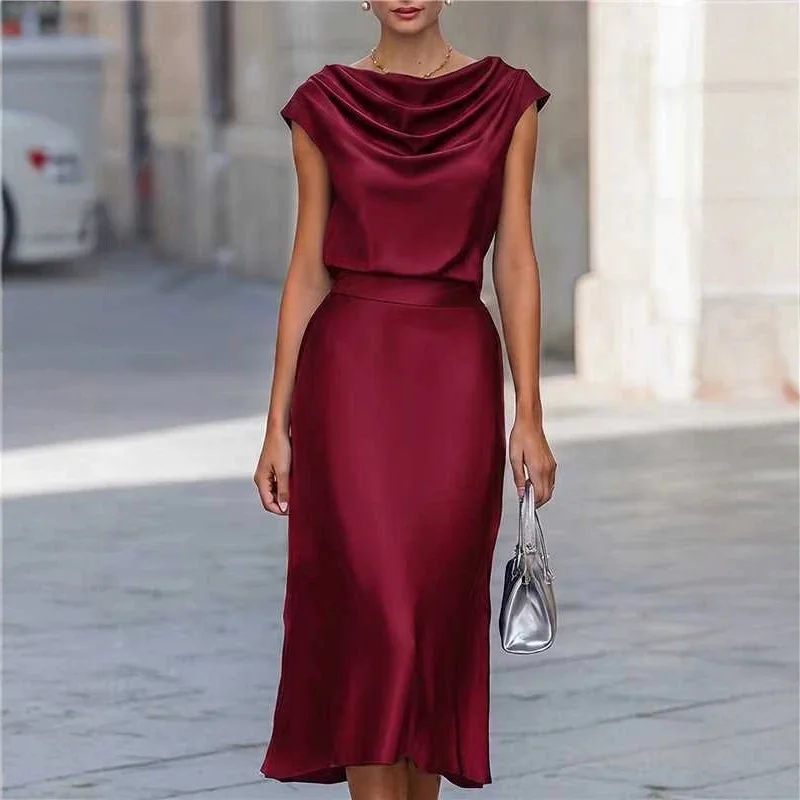 Az (in-house Design) 2026 Women's Solid Color Satine High-waisted Sleeveless Evening Gown. With A Fixed Silhouette And A Ruffl