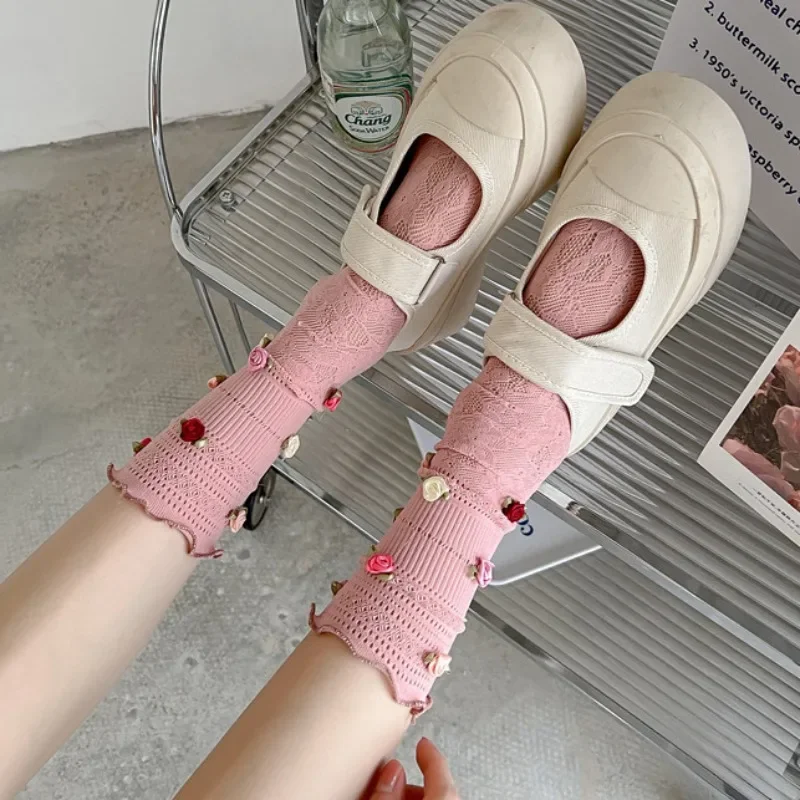 Jk Rose Flower Lolita Lace Pink Mesh Stockings Women Sexy Hollow Thin Sweet Colorful Flower Puff Girl Breathable Mid Pile Sock